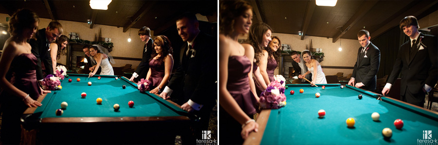 Arden Hills Resort Club Wedding by Sacramento Wedding photographer Teresa K pool table bridal party shot at Arden hills