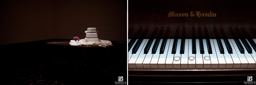 Arden Hills Resort Club Wedding by Sacramento Wedding photographer Teresa K wedding rings and cake on a piano