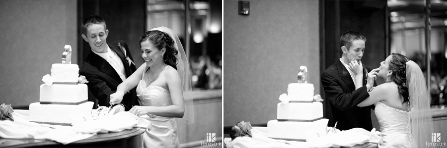 Arden Hills Resort Club Wedding by Sacramento Wedding photographer Teresa K bride and groom cut the cake at Arden hills country club