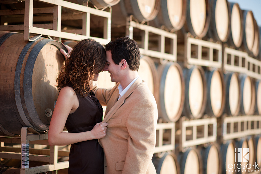 Sacramento area wedding and portrait photographer best of 2011 bride and groom kissing by wine barrels